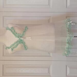 Coquette Y2K Sheer White Mesh Babydoll Slip Dress with Mint Green Ruffle Lace